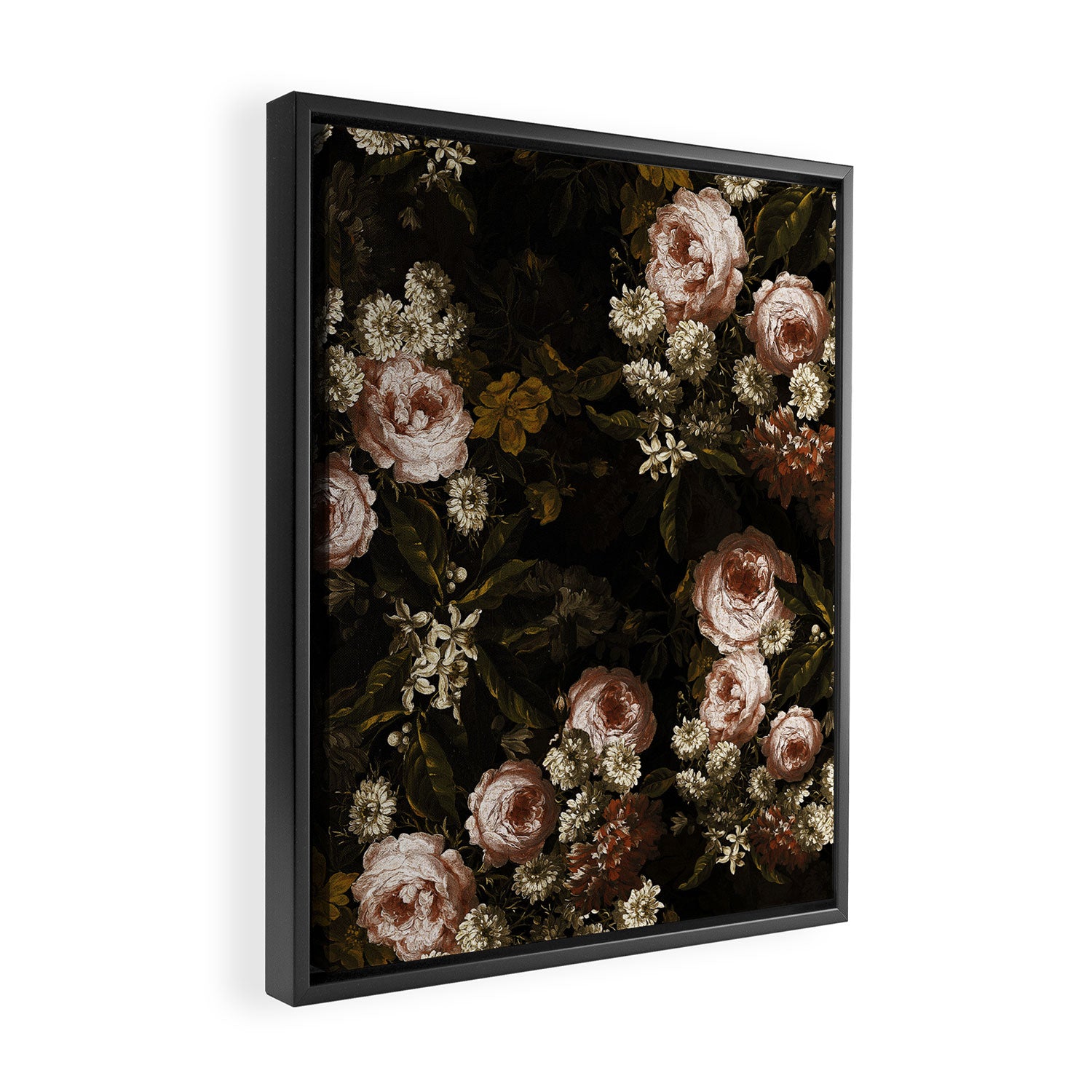 Antique Botanical Roses And Chamomile Midnight Sepia Garden Framed Canvas Print Gallery Image 2