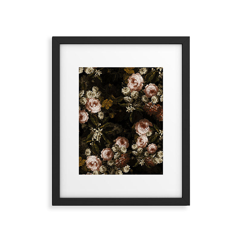 Antique Botanical Roses And Chamomile Midnight Sepia Garden Framed Art Print Gallery Image 6