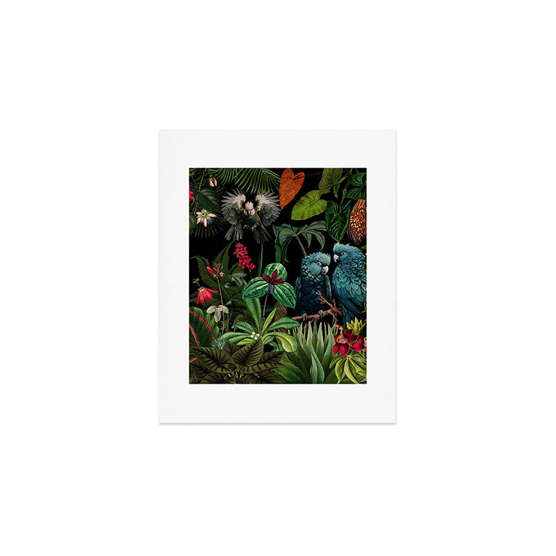 Midnight Vintage Exotic Flower And Birds Garden Jungle Art Print Gallery Image 1