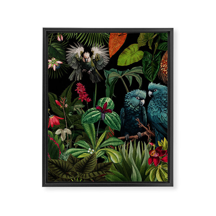 Midnight Vintage Exotic Flower And Birds Garden Jungle Framed Canvas Print Gallery Image 1