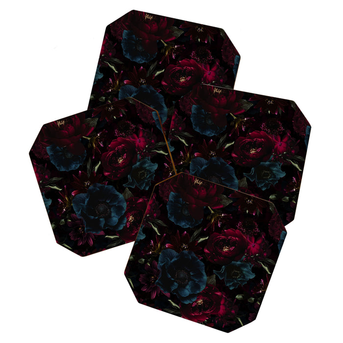 Vintage Black Dramatic Glamour Autumn Romanticism: Maximalism Moody Florals - Grand Millennial Burgundy And Teal Peonies Bouquets,  Nostalgic Gothic Mystic Night Flowers Coaster Gallery Image 1
