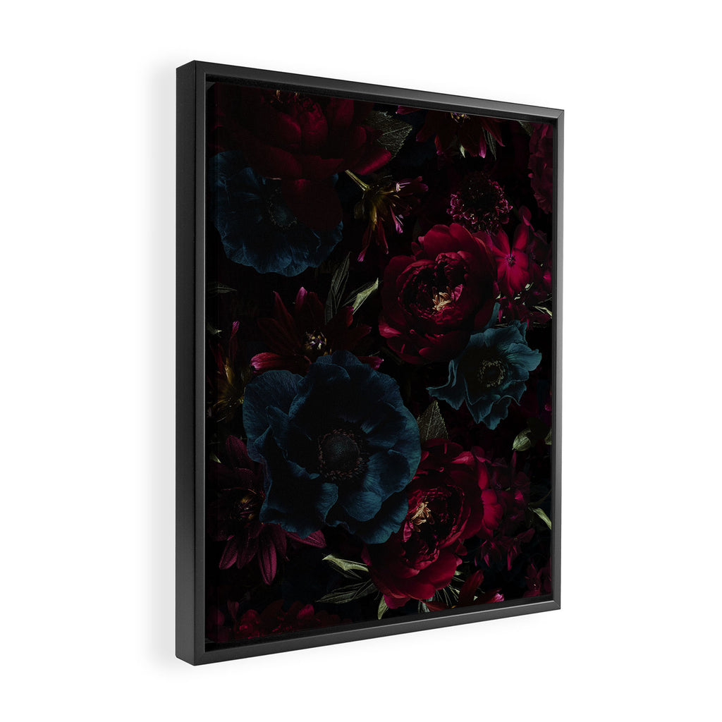 Vintage Black Dramatic Glamour Autumn Romanticism: Maximalism Moody Florals - Grand Millennial Burgundy And Teal Peonies Bouquets,  Nostalgic Gothic Mystic Night Flowers Framed Canvas Print Gallery Image 2
