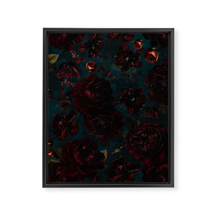 Vintage Black Dramatic Glamour Autumn Romanticism: Maximalism Moody Florals - Grand Millennial Midnight burgundy Roses Black Roses Bouquets and Nostalgic Gothic Mystic Flowers Framed Canvas Print Gallery Image 1
