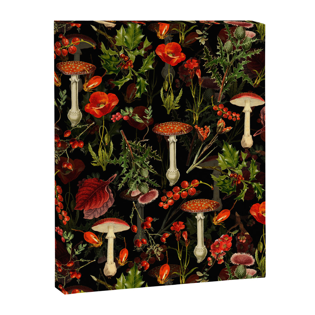 Vintage Dark Red Mushrooms And Poppies Botanical Midnight Garden Canvas Print Gallery Image 8