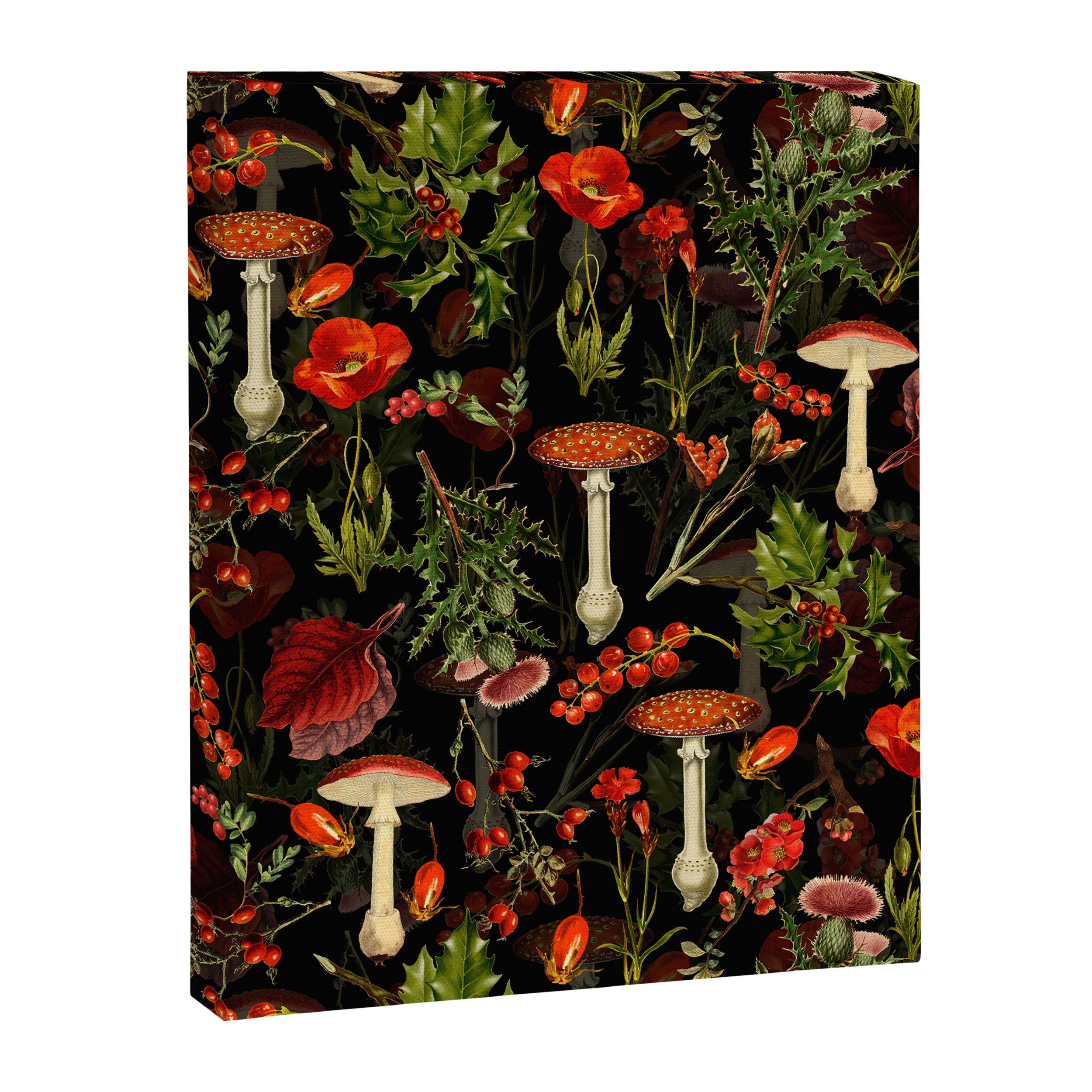 Vintage Dark Red Mushrooms And Poppies Botanical Midnight Garden Canvas Print Gallery Image 8