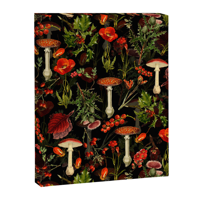 Vintage Dark Red Mushrooms And Poppies Botanical Midnight Garden Canvas Print Gallery Image 1
