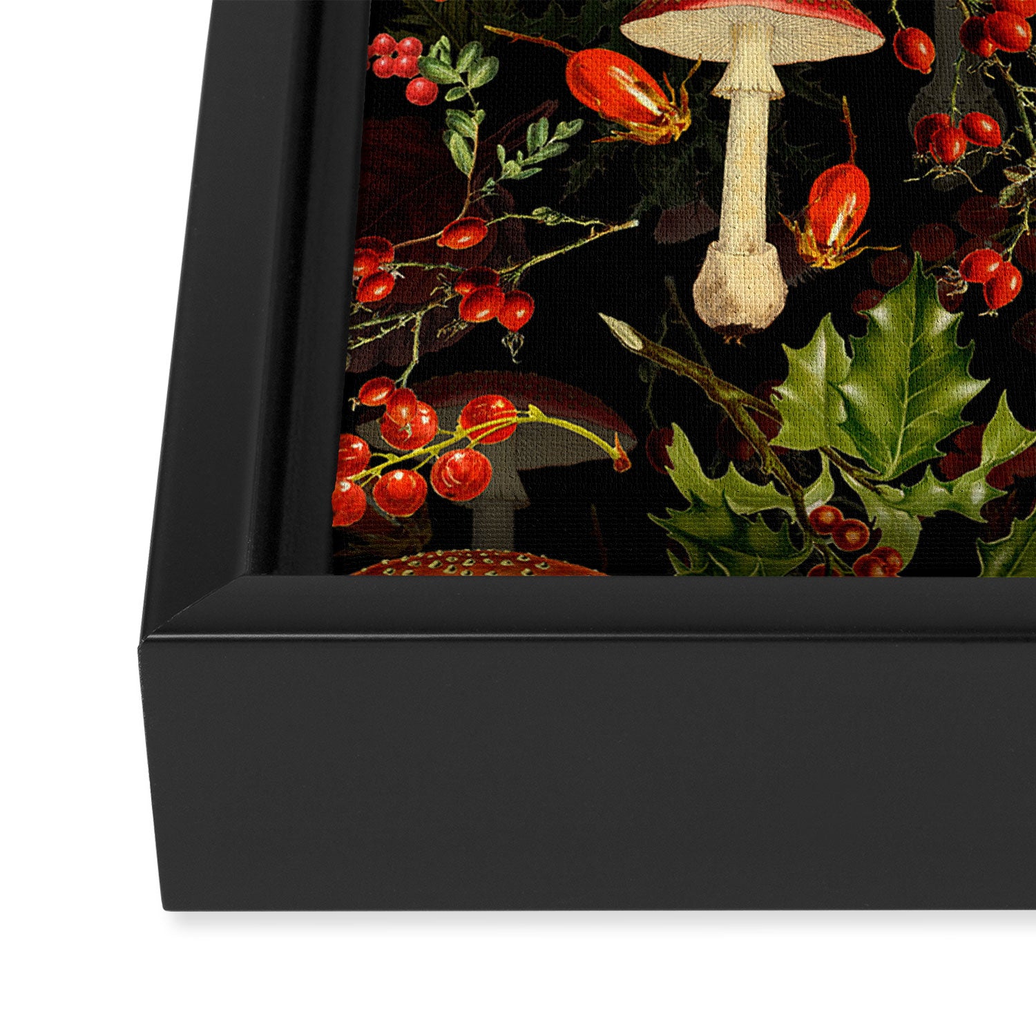 Vintage Dark Red Mushrooms And Poppies Botanical Midnight Garden Framed Canvas Print Gallery Image 3