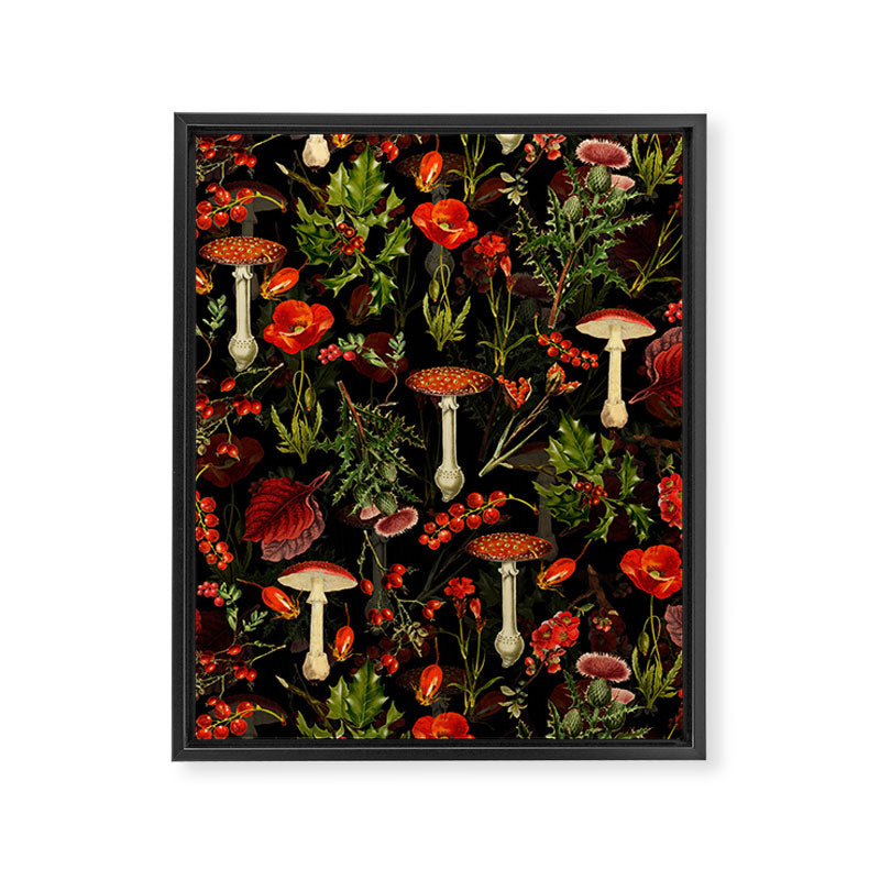 Vintage Dark Red Mushrooms And Poppies Botanical Midnight Garden Framed Canvas Print Gallery Image 8