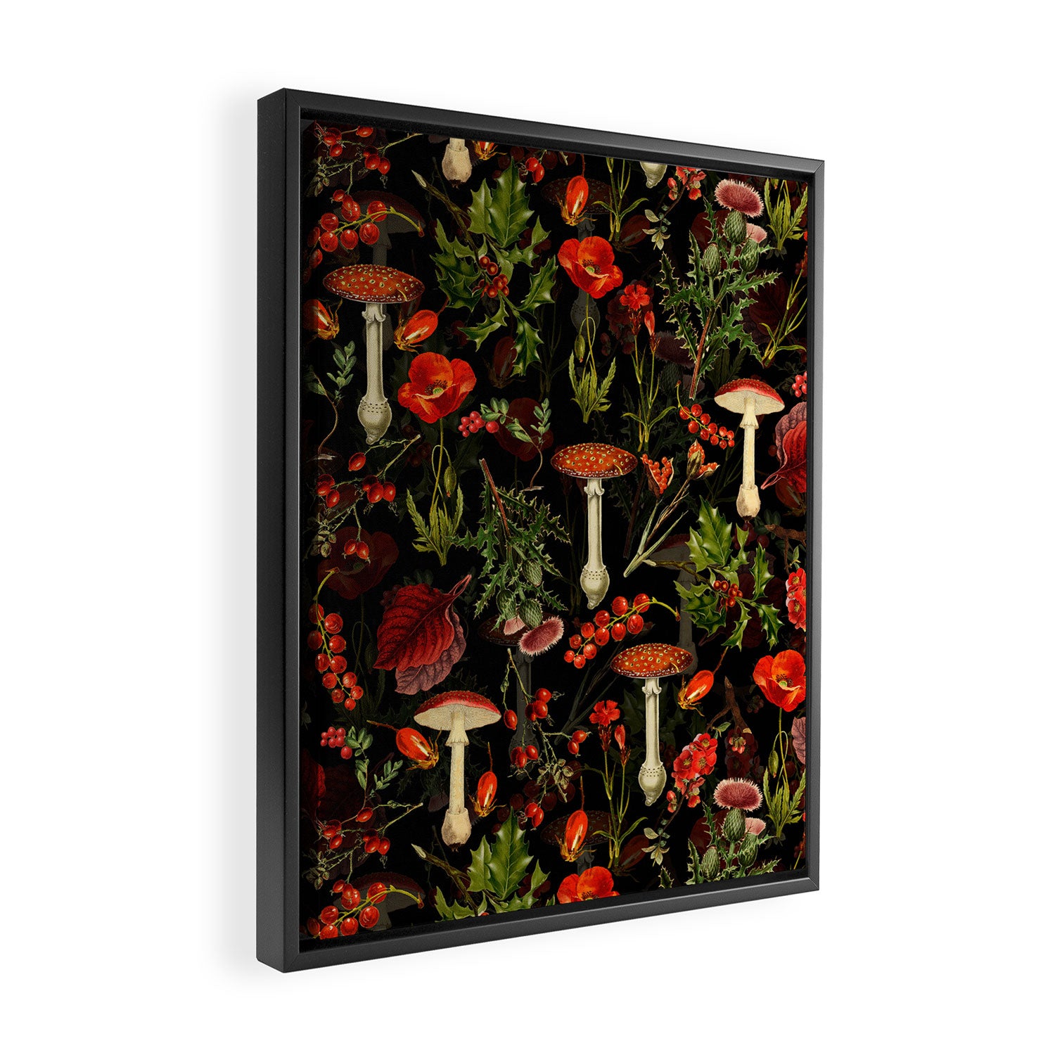 Vintage Dark Red Mushrooms And Poppies Botanical Midnight Garden Framed Canvas Print Gallery Image 2