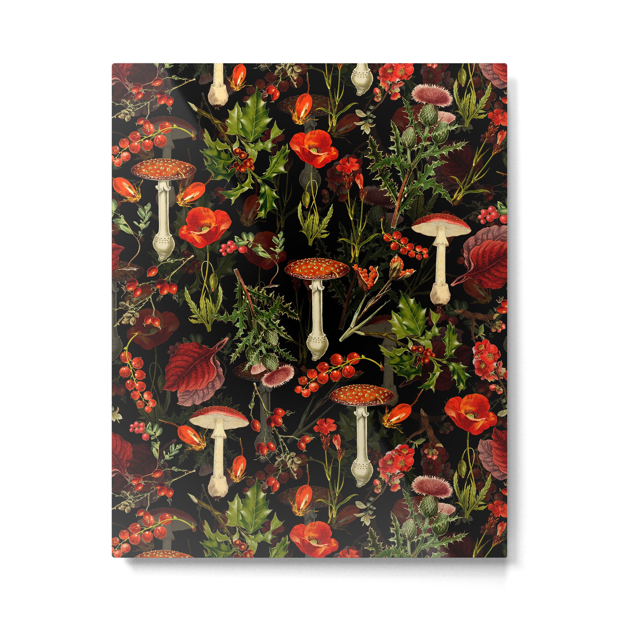 Vintage Dark Red Mushrooms And Poppies Botanical Midnight Garden Metal Print Gallery Image 6