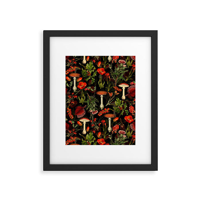 Vintage Dark Red Mushrooms And Poppies Botanical Midnight Garden Framed Art Print Gallery Image 1