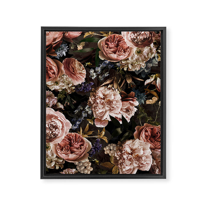 Vintage & Shabby Chic- Real Roses And Peonies Lush Midnight Flowers Botanical Garden Framed Canvas Print Gallery Image 1