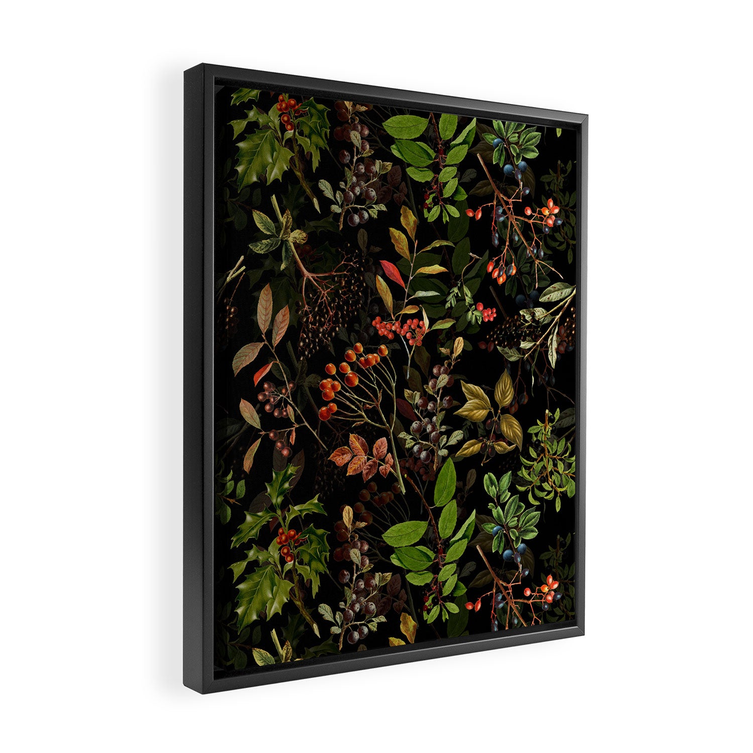 Vintage & Shabby Chic - vintage botanical wildflowers and berries on black Framed Canvas Print Gallery Image 2