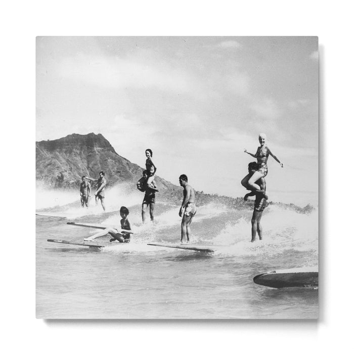 Vintage Hawaii Tandem Surfing Metal Print Gallery Image 1