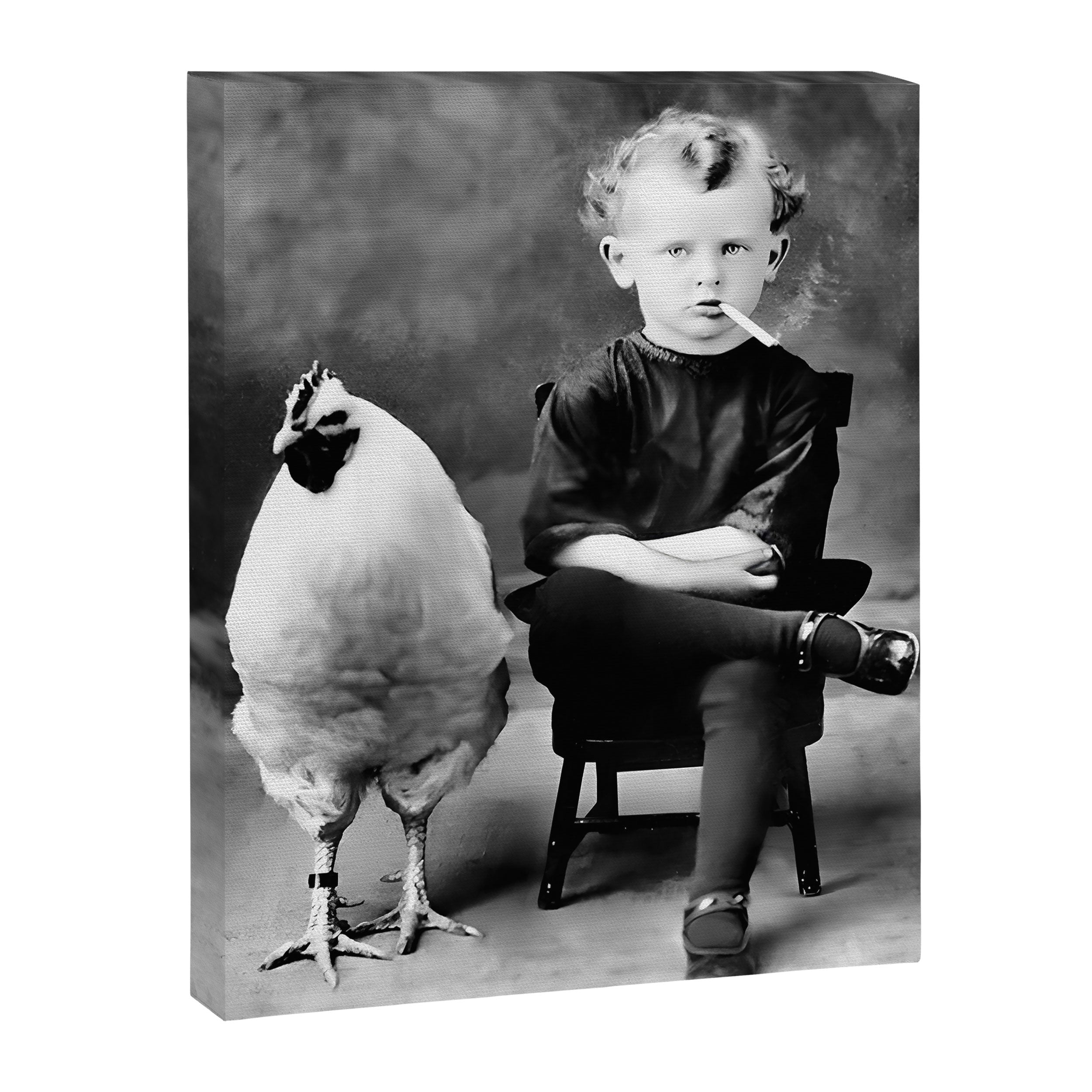 Boy And Chicken, Funny Black and White Old Photo Canvas Print Gallery Image 6