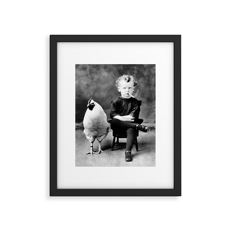 Boy And Chicken, Funny Black and White Old Photo Framed Art Print Gallery Image 5