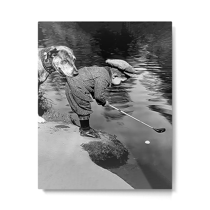 Boy and Dog Playing Golf Vintage Black and White Art Metal Print Gallery Image 1