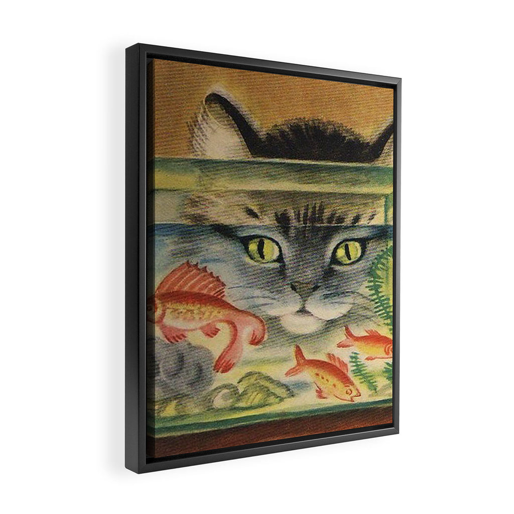 Cat Looking at Goldfish Vintage Art Framed Canvas Print Gallery Image 2