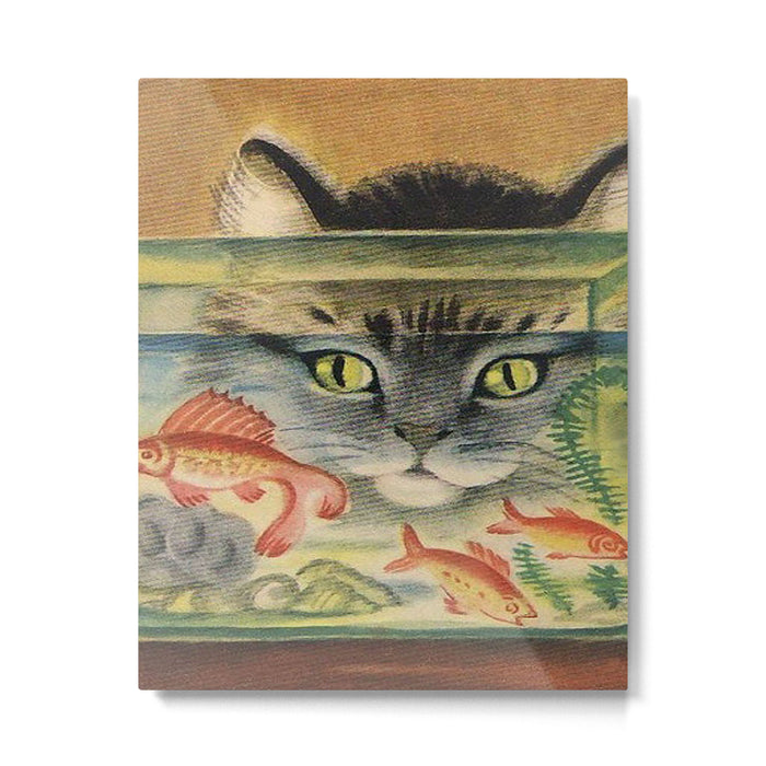 Cat Looking at Goldfish Vintage Art Metal Print Gallery Image 1