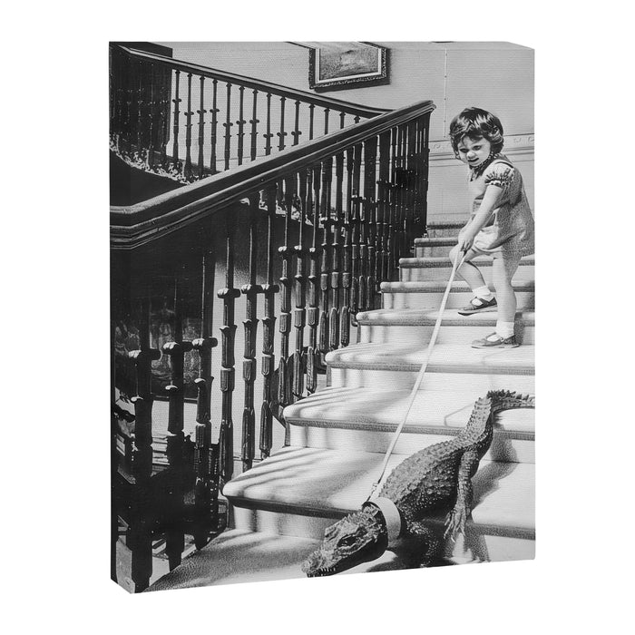Girl Walking Baby Alligator, Black and White, Vintage Art Canvas Print Gallery Image 1