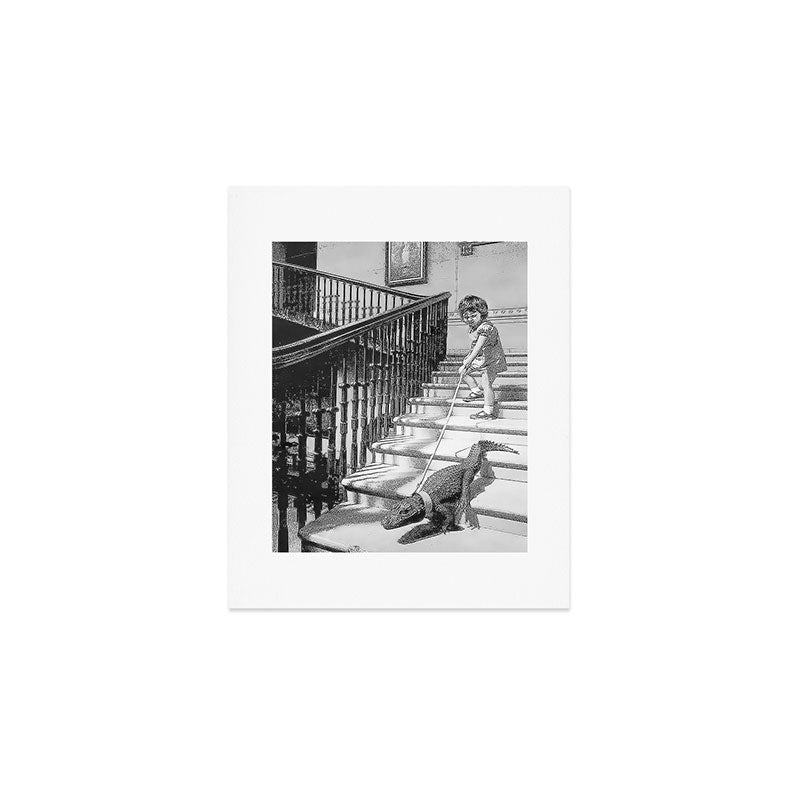 Girl Walking Baby Alligator, Black and White, Vintage Art Art Print