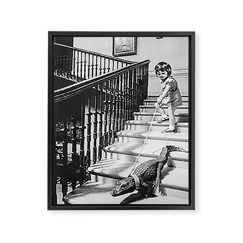 Girl Walking Baby Alligator, Black and White, Vintage Art Framed Canvas Print Gallery Image 6