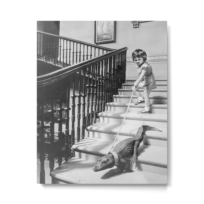 Girl Walking Baby Alligator, Black and White, Vintage Art Metal Print Gallery Image 1