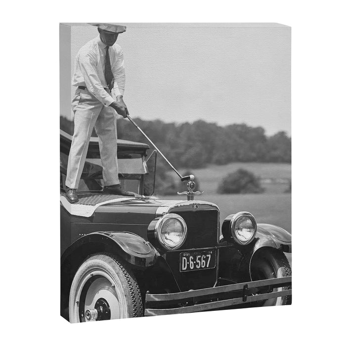 Golfer Teeing Off Car, Black and White Vintage Golf Art Canvas Print Gallery Image 1