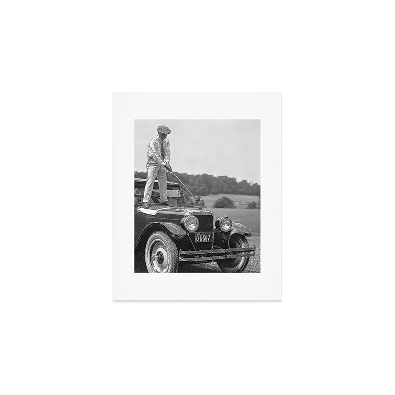 Golfer Teeing Off Car, Black and White Vintage Golf Art Art Print