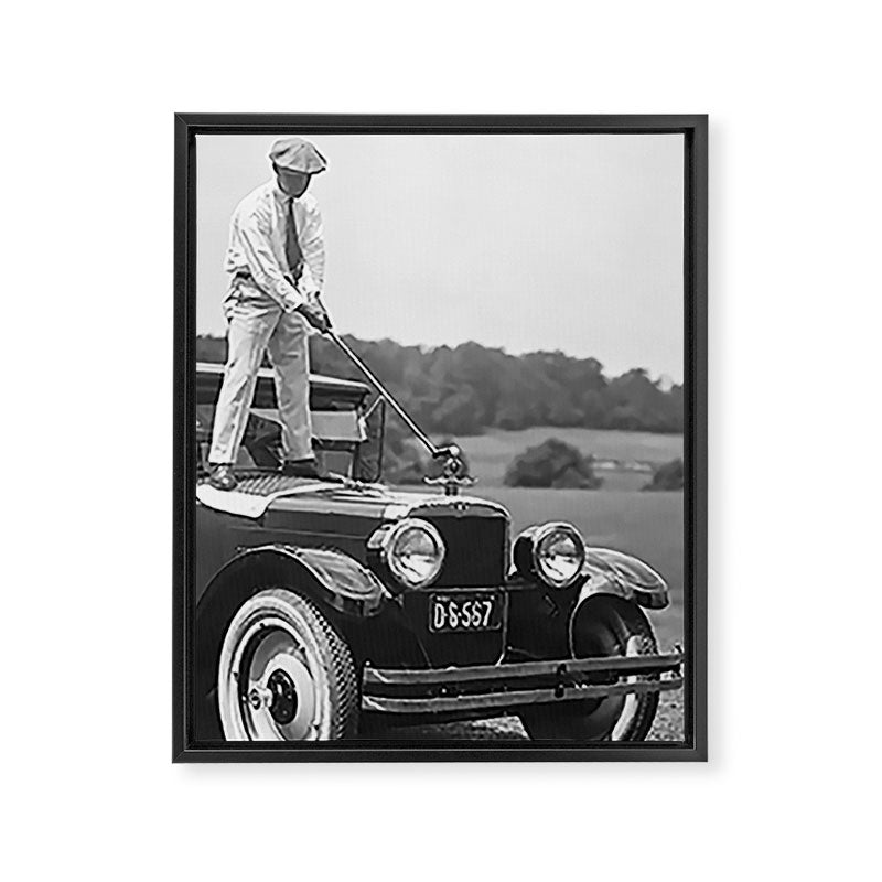 Golfer Teeing Off Car, Black and White Vintage Golf Art Framed Canvas Print Gallery Image 6