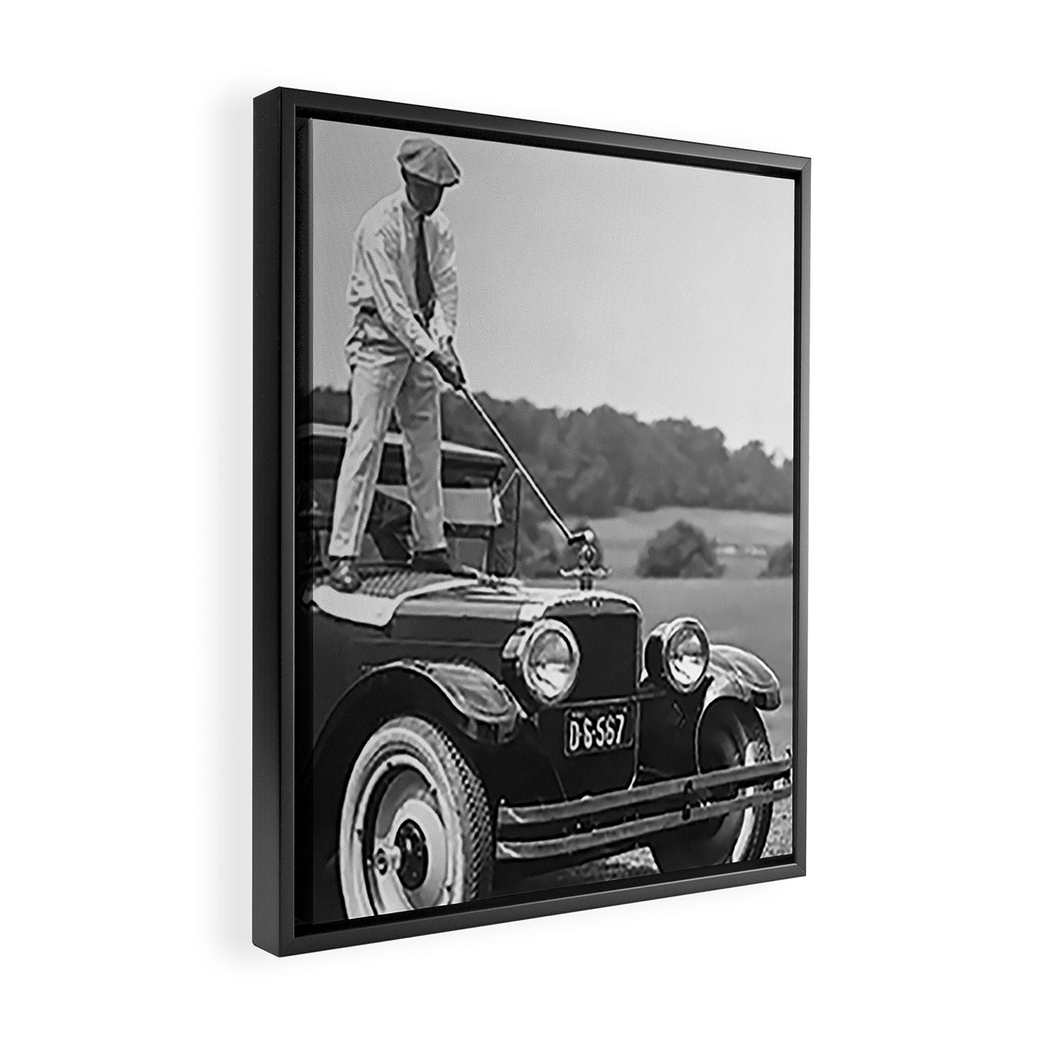Golfer Teeing Off Car, Black and White Vintage Golf Art Framed Canvas Print Gallery Image 2