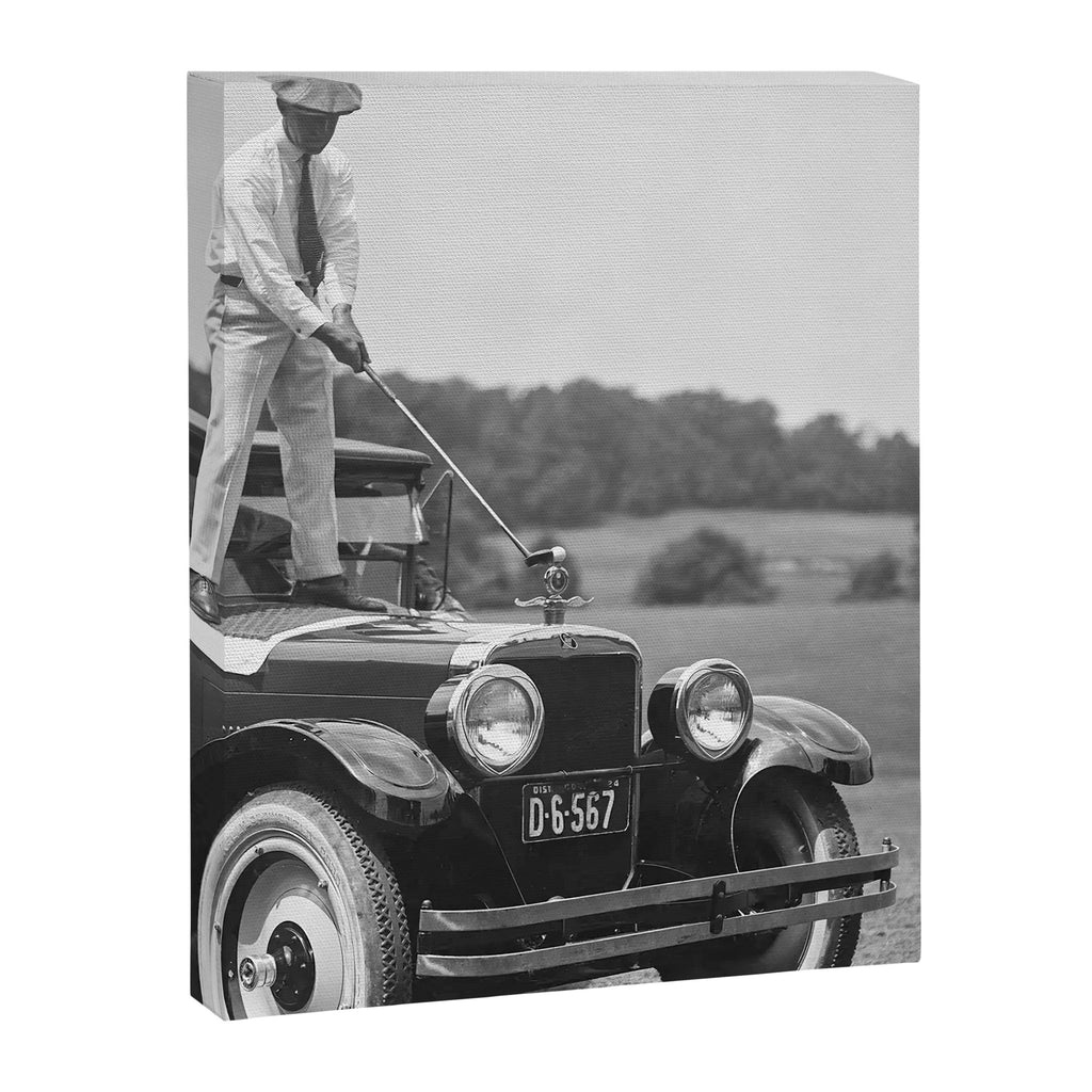 Golfer Teeing Off on Top of Car, Black and White, Old Photo, Vintage Golf Art Canvas Print Gallery Image 6
