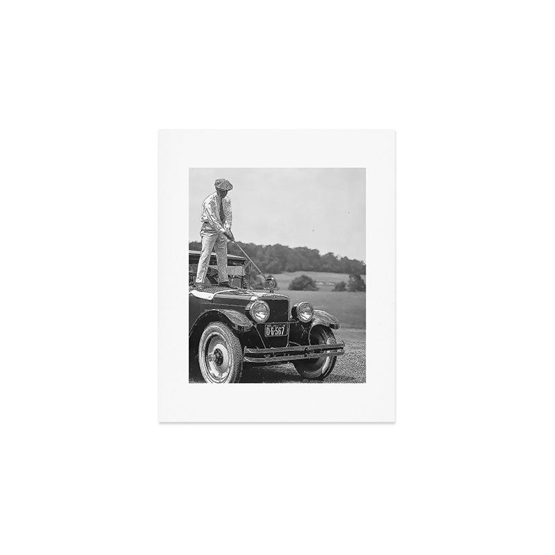 Golfer Teeing Off on Top of Car, Black and White, Old Photo, Vintage Golf Art Art Print Gallery Image 1