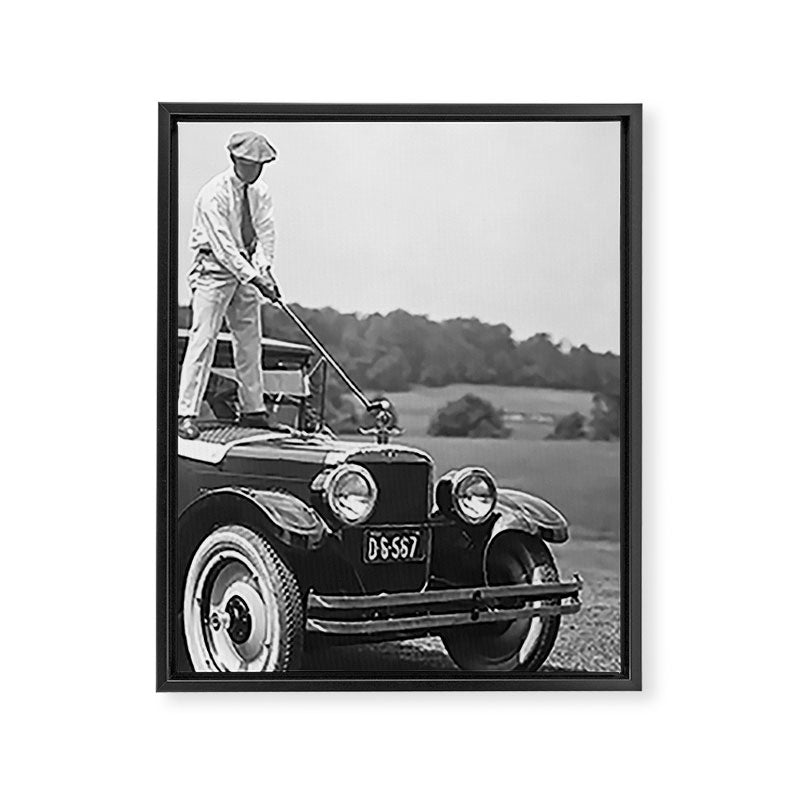 Golfer Teeing Off on Top of Car, Black and White, Old Photo, Vintage Golf Art Framed Canvas Print Gallery Image 6