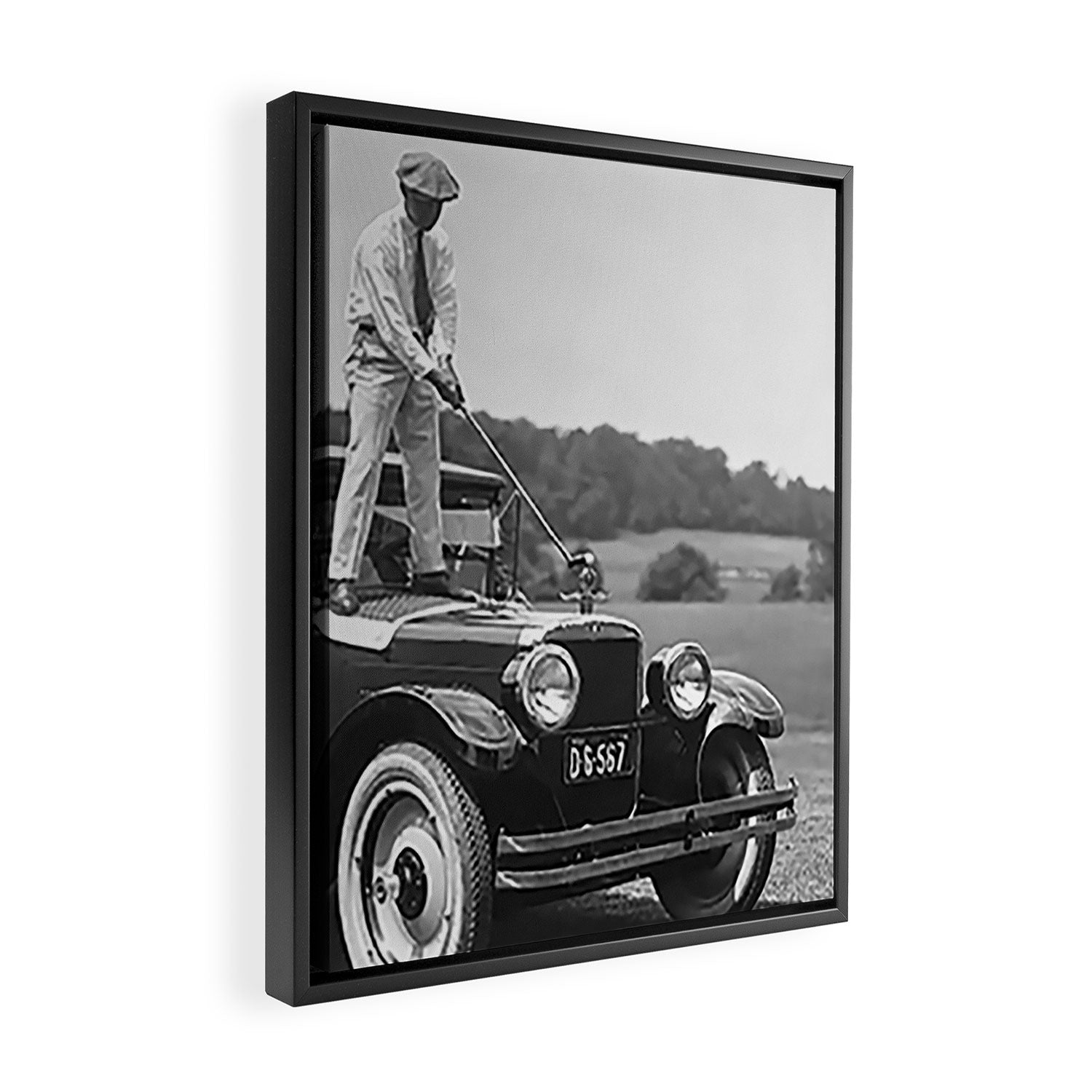 Golfer Teeing Off on Top of Car, Black and White, Old Photo, Vintage Golf Art Framed Canvas Print Gallery Image 2
