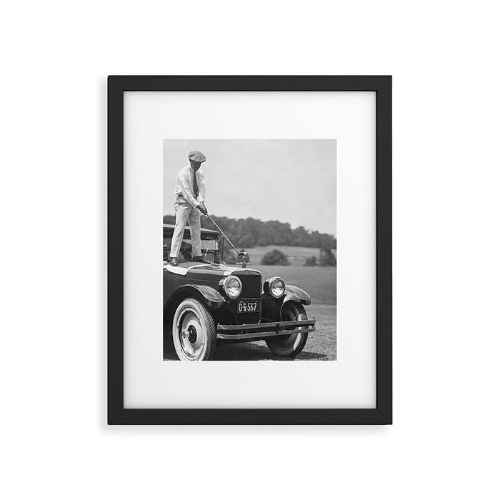 Golfer Teeing Off on Top of Car, Black and White, Old Photo, Vintage Golf Art Framed Art Print Gallery Image 1