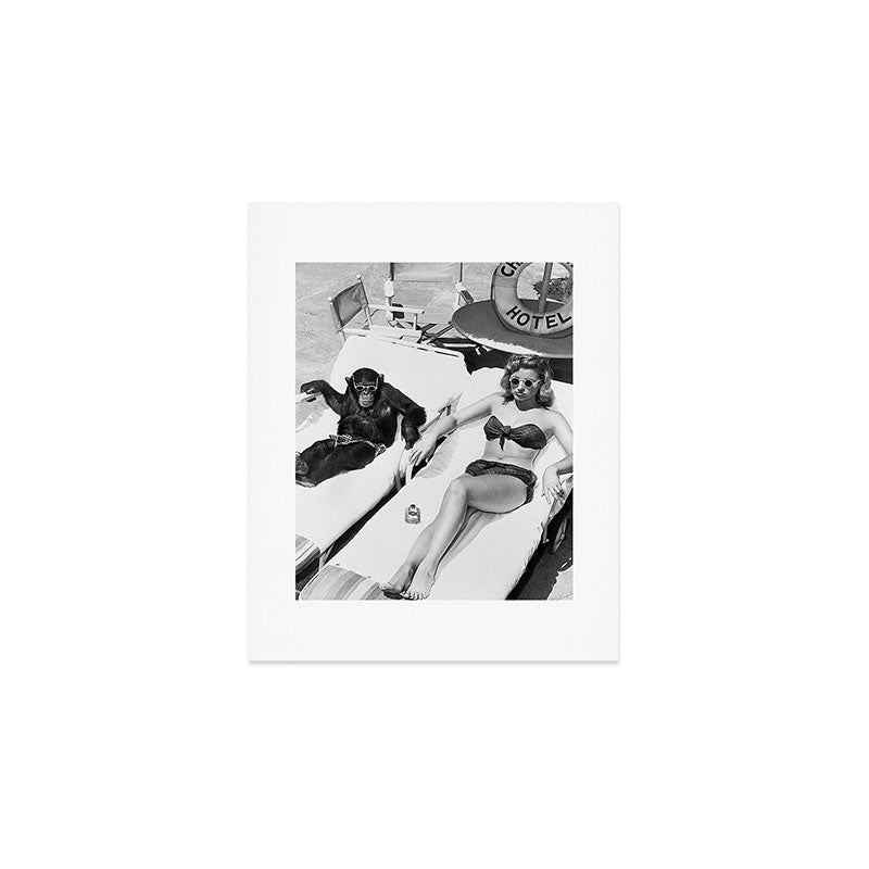 Lady and Chimp Sunbathing, Black and White, Vintage Art Art Print Gallery Image 1