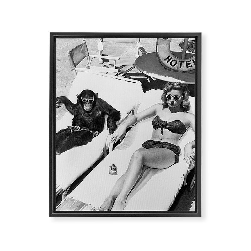 Lady and Chimp Sunbathing, Black and White, Vintage Art Framed Canvas Print Gallery Image 6