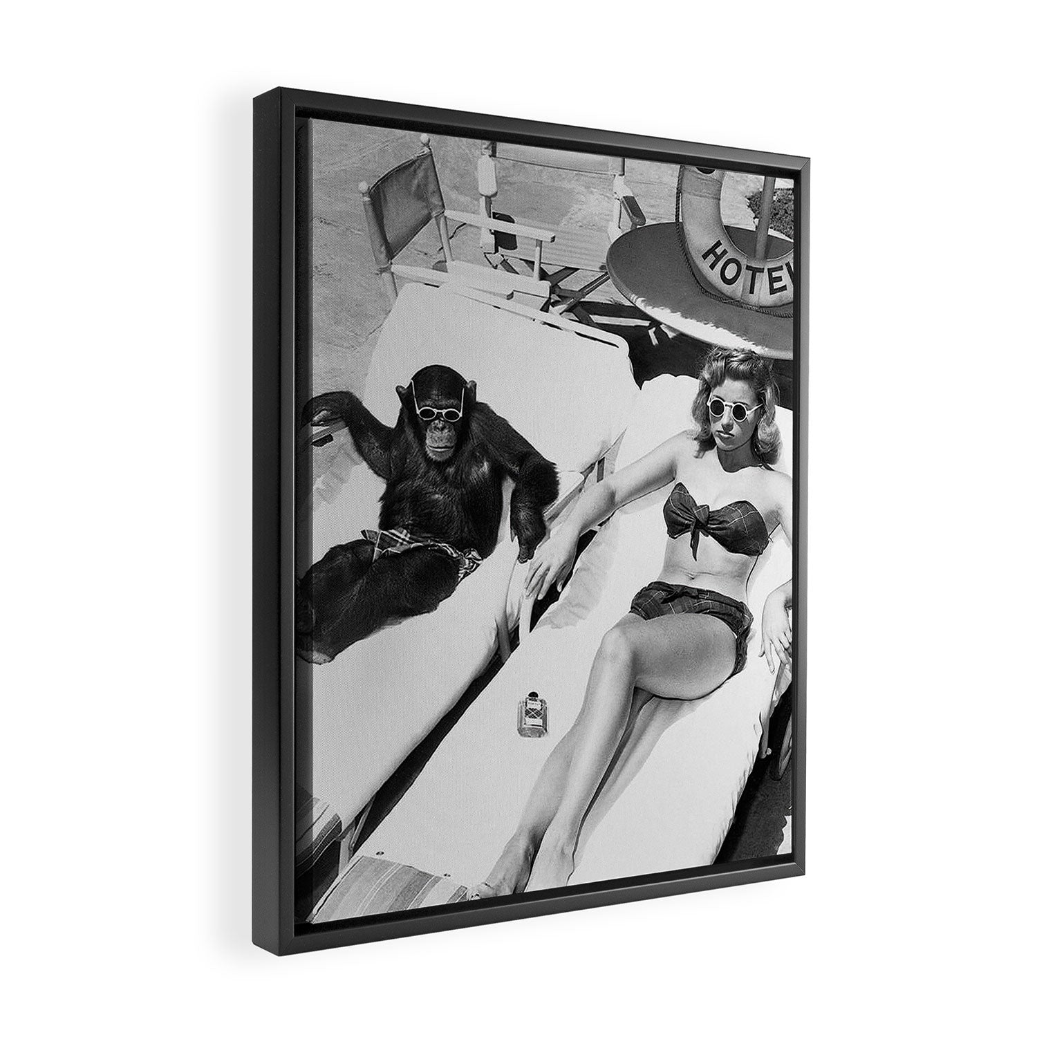 Lady and Chimp Sunbathing, Black and White, Vintage Art Framed Canvas Print Gallery Image 2