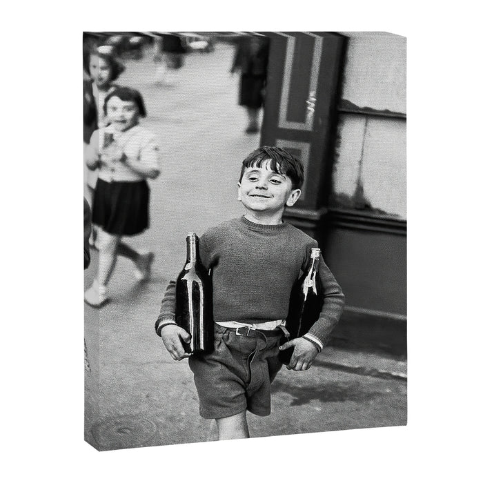 Little Boy and Bottles of Wine, Black and White Vintage Art Canvas Print Gallery Image 1