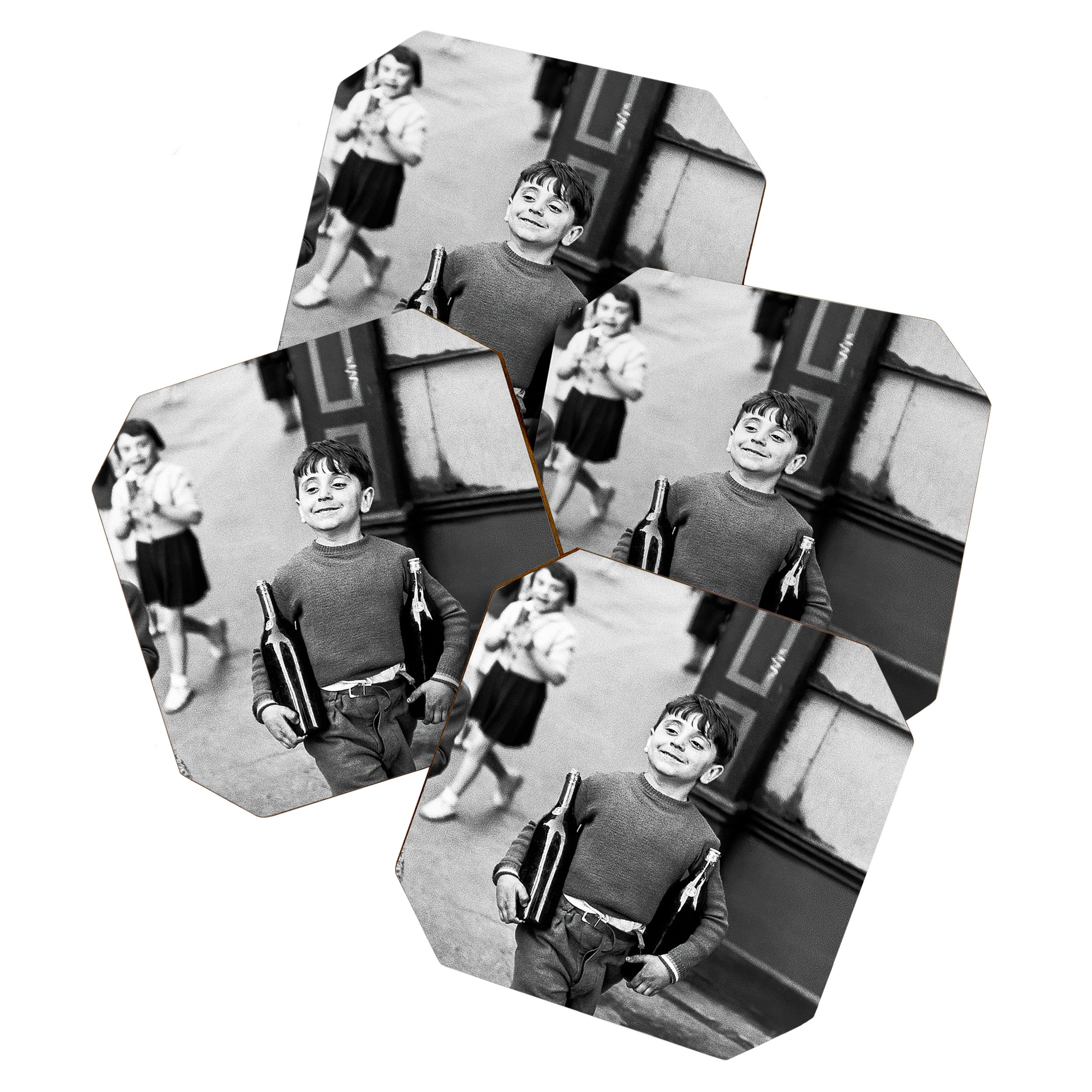 Little Boy and Bottles of Wine, Black and White Vintage Art Coaster Gallery Image 1