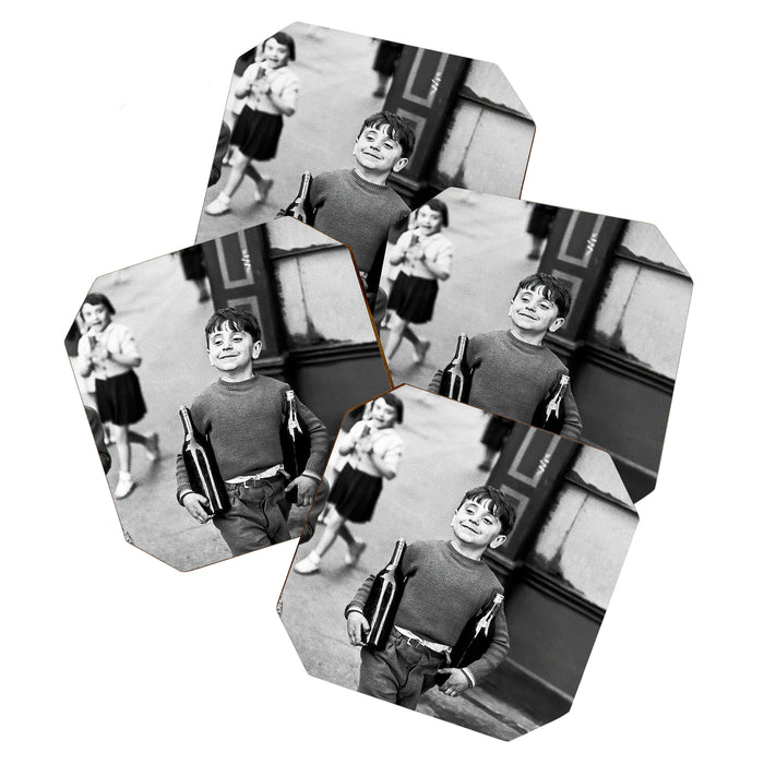 Little Boy and Bottles of Wine, Black and White Vintage Art Coaster Gallery Image 1