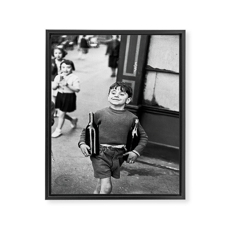 Little Boy and Bottles of Wine, Black and White Vintage Art Framed Canvas Print Gallery Image 6