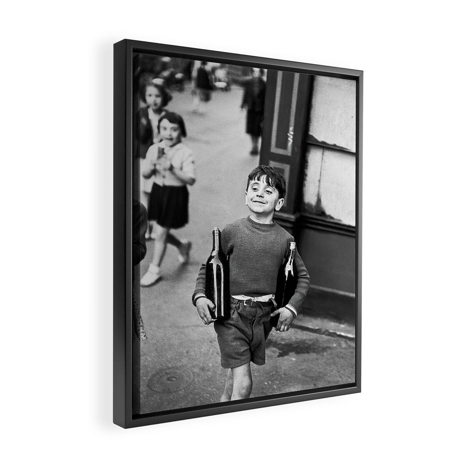 Little Boy and Bottles of Wine, Black and White Vintage Art Framed Canvas Print Gallery Image 2