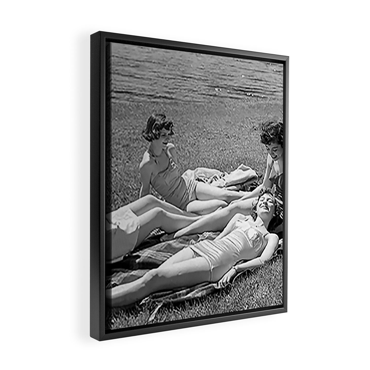 Relaxing By The River, Black and White Vintage Photo Framed Canvas Print Gallery Image 2