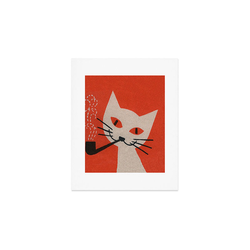 Retro White Cat Smoking a Pipe Art Print Gallery Image 1