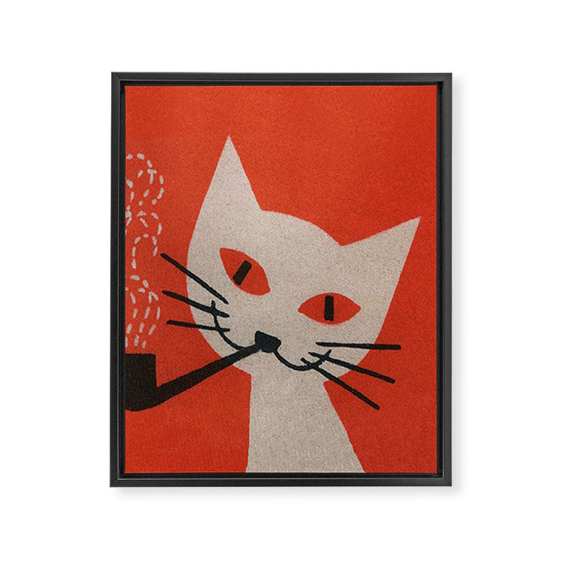 Retro White Cat Smoking a Pipe Framed Canvas Print Gallery Image 8