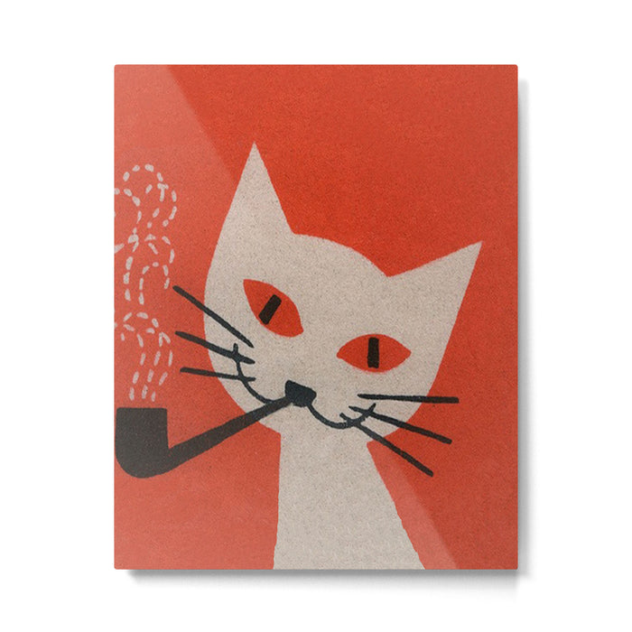 Retro White Cat Smoking a Pipe Metal Print Gallery Image 1