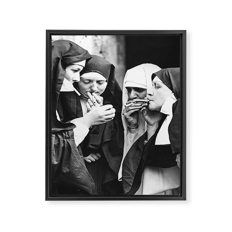 Smoking Nuns, Black and White, Vintage Wall Art Framed Canvas Print Gallery Image 6
