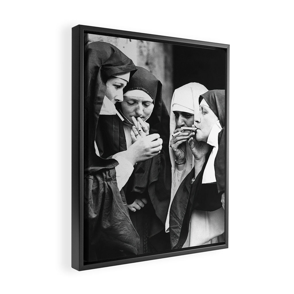 Smoking Nuns, Black and White, Vintage Wall Art Framed Canvas Print Gallery Image 2